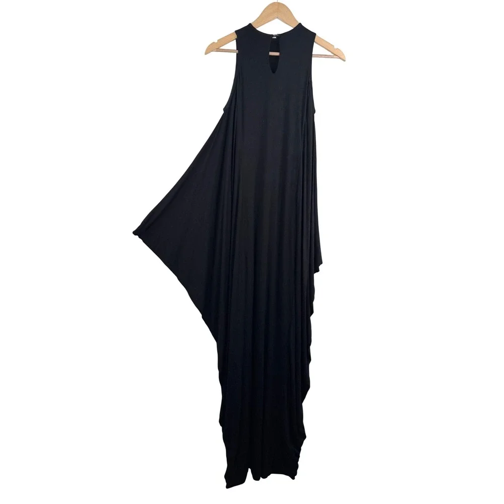 Locker Room Maxi Dress sz‎ S Black Asymmetrical Draped Sleeveless lagen look
